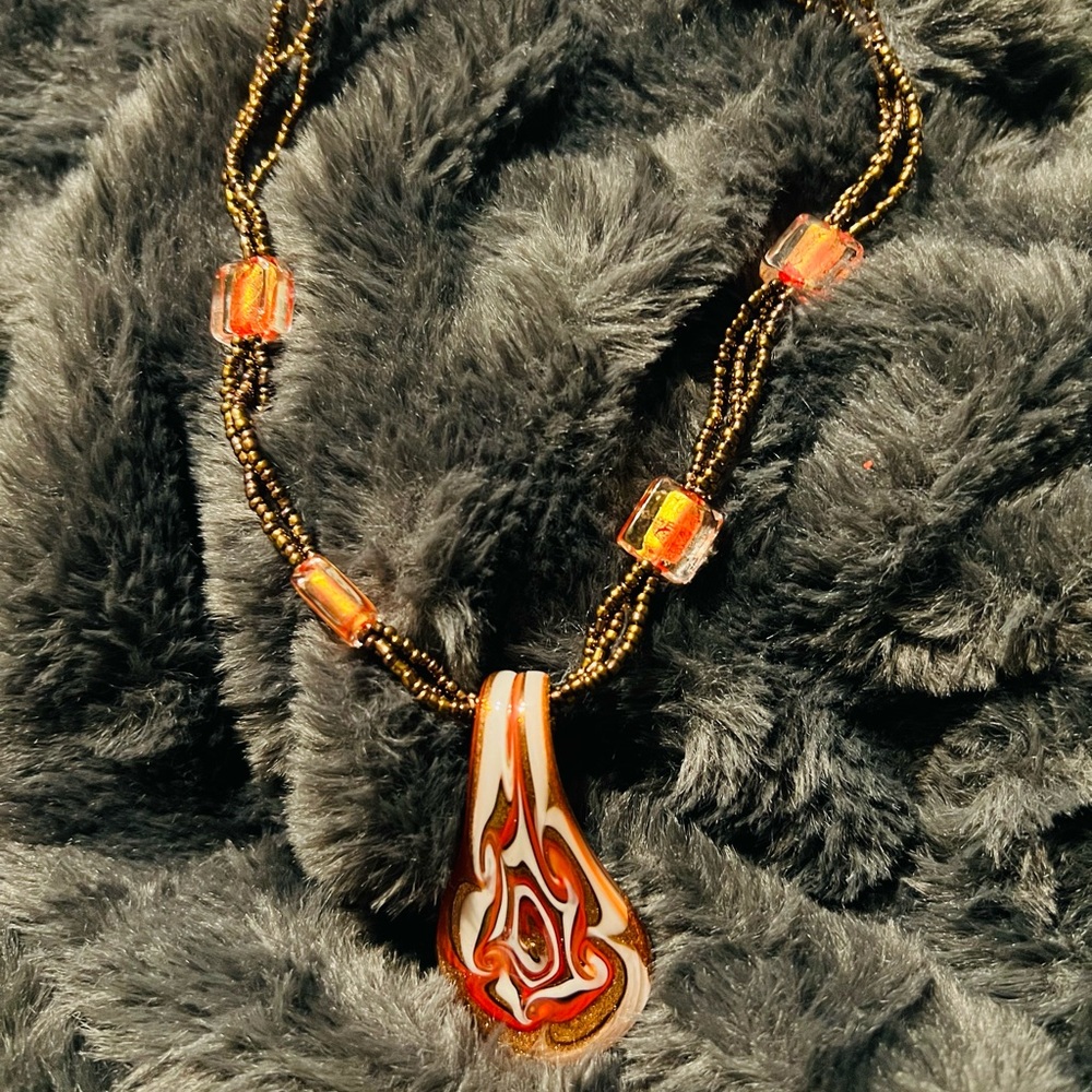 Vintage Murano Elegant Orange, Brown, and White Glass Pendant Necklace